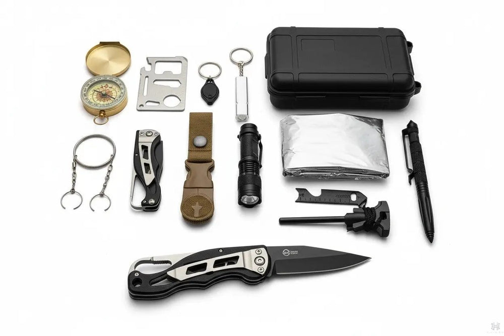 Collection of survival tools including a knife, flashlight, and compass on a white background
