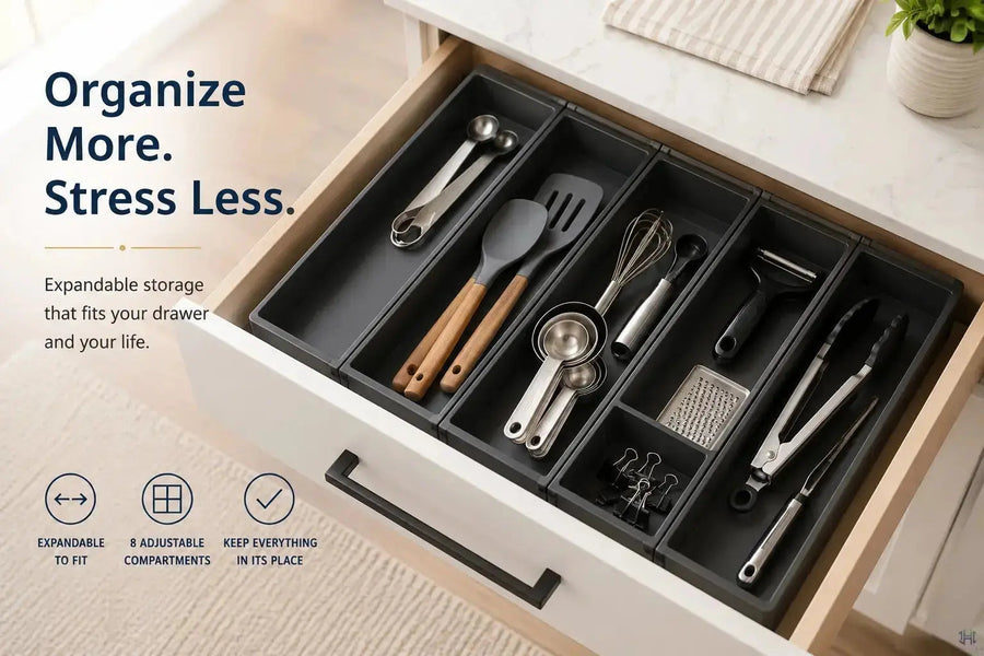 Expandable kitchen drawer organizer with utensils arranged neatly in a clean kitchen drawer