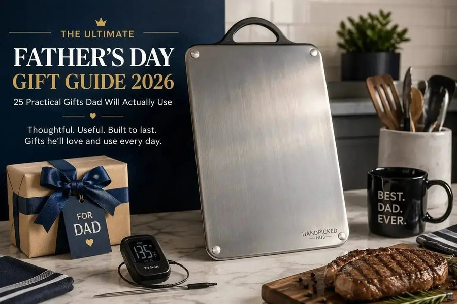 Father’s Day gift guide featuring a stainless steel cutting board, grilling thermometer, gift box, and kitchen gifts for dad