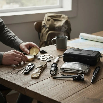 14-in-1 Emergency Survival Kit - Professional Outdoor Gear, tools spread on a wooden table beside a case and map.