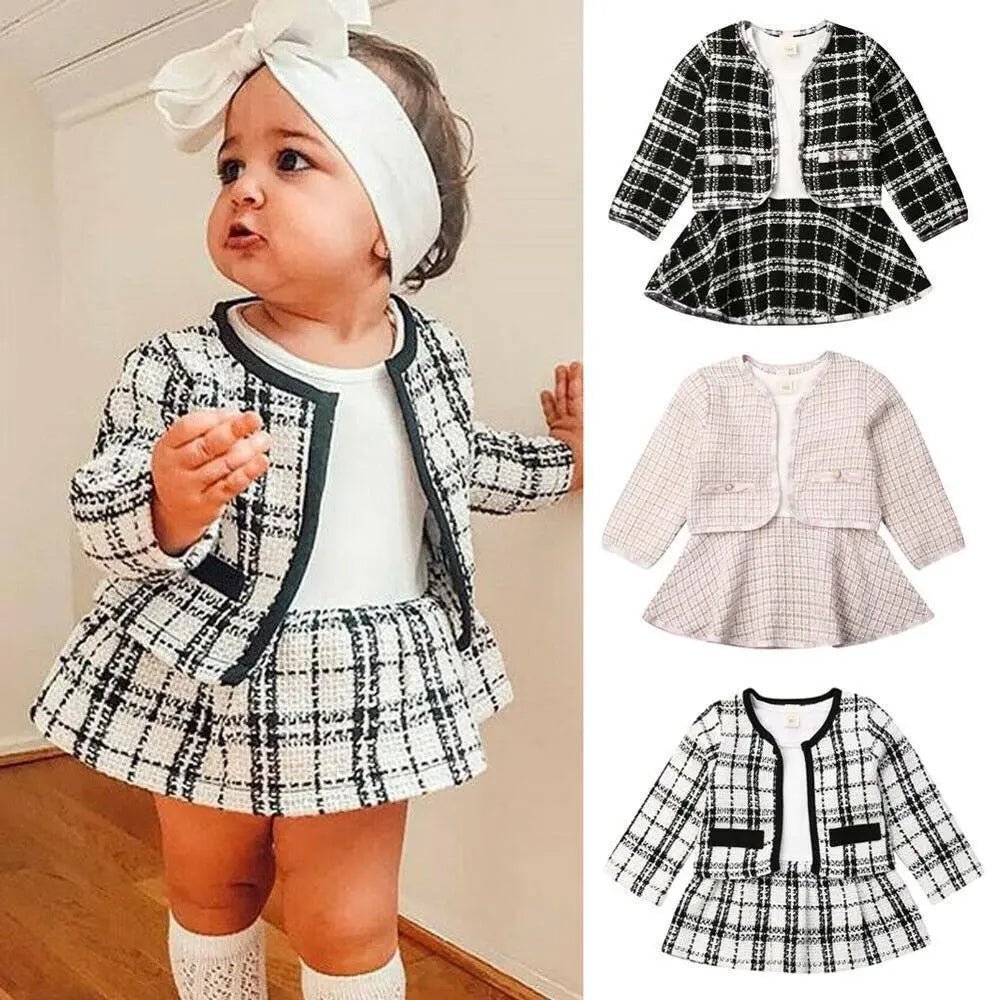 Plaid Two - Piece Long Sleeve Baby Girl Outfit – Sweater + Skirt Set - Handpicked Hub