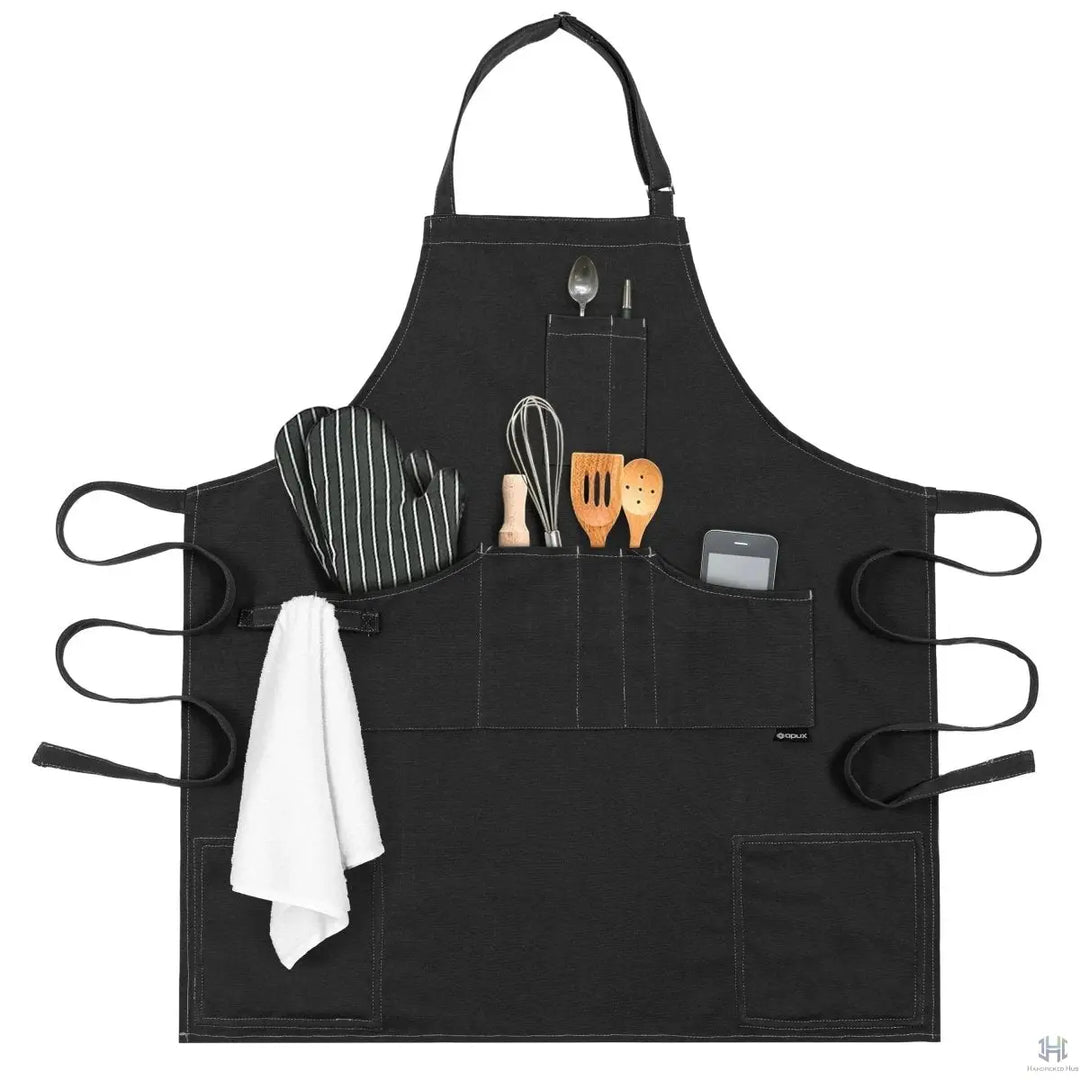 Chef Apron for Men, Canvas Apron with Pockets for Women, Large BBQ Apron for Kitchen Grilling Baking, Heavy Duty Work Apron with Adjustable Neck Strap for Barber Gardening, Black
