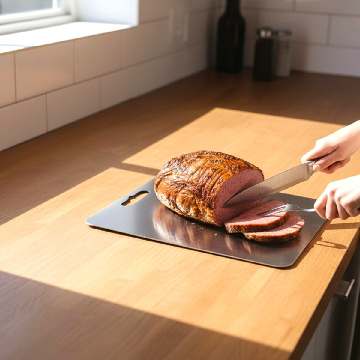 Person slicing a roasted ham on a cutting board in a kitchen.