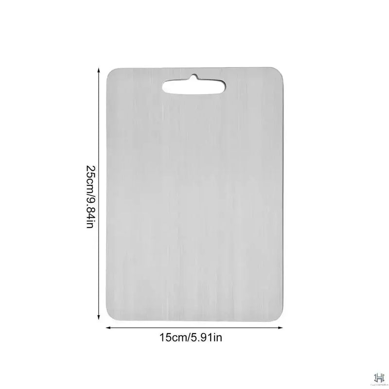 Handpicked Hub stainless steel prep and carving board with hanging hole. Lightweight, thin, and durable.