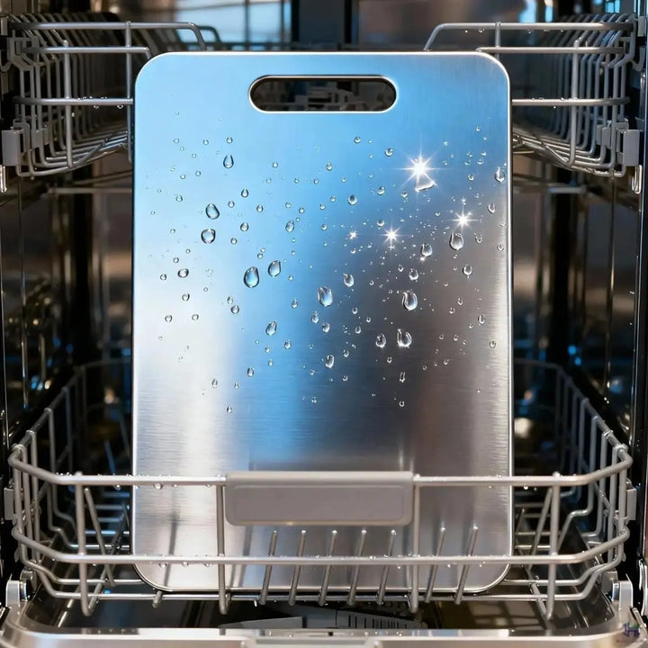 Handpicked Hub stainless steel carving board with water droplets inside a dishwasher.