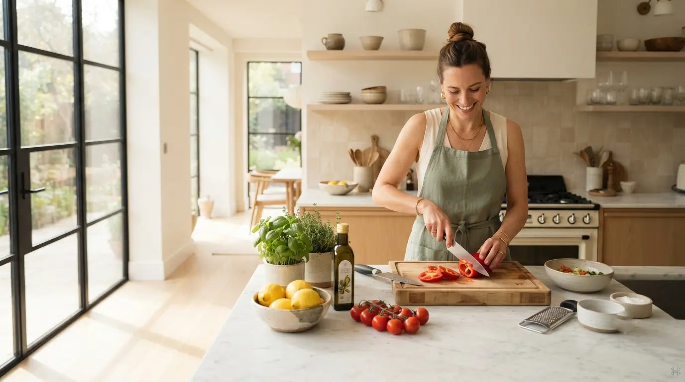 A woman wearing a sage green apron slices red tomatoes on a wooden cutting board in a bright, modern kitchen. Fresh basil, lemons, and tomatoes are arranged on a marble countertop.