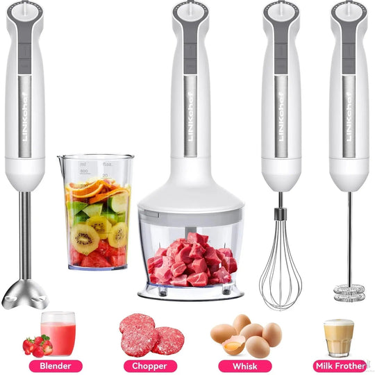 Immersion Blender, 20-Speed 1000W 5-in-1 | LINKChef Hand Blender Kit with Chopper, Whisk, Milk Frother, 600ml Beaker