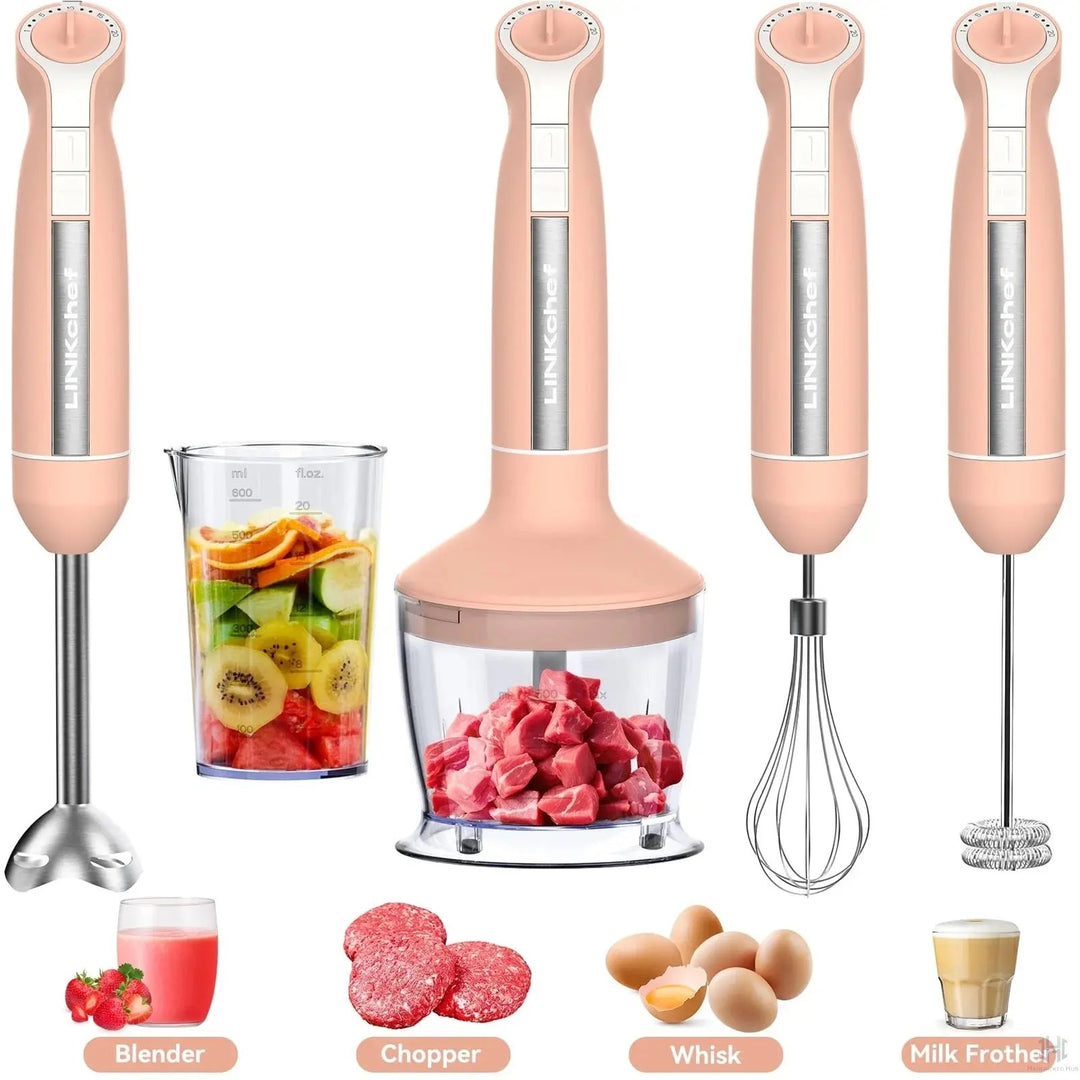 Immersion Blender, 20-Speed 1000W 5-in-1 | LINKChef Hand Blender Kit with Chopper, Whisk, Milk Frother, 600ml Beaker