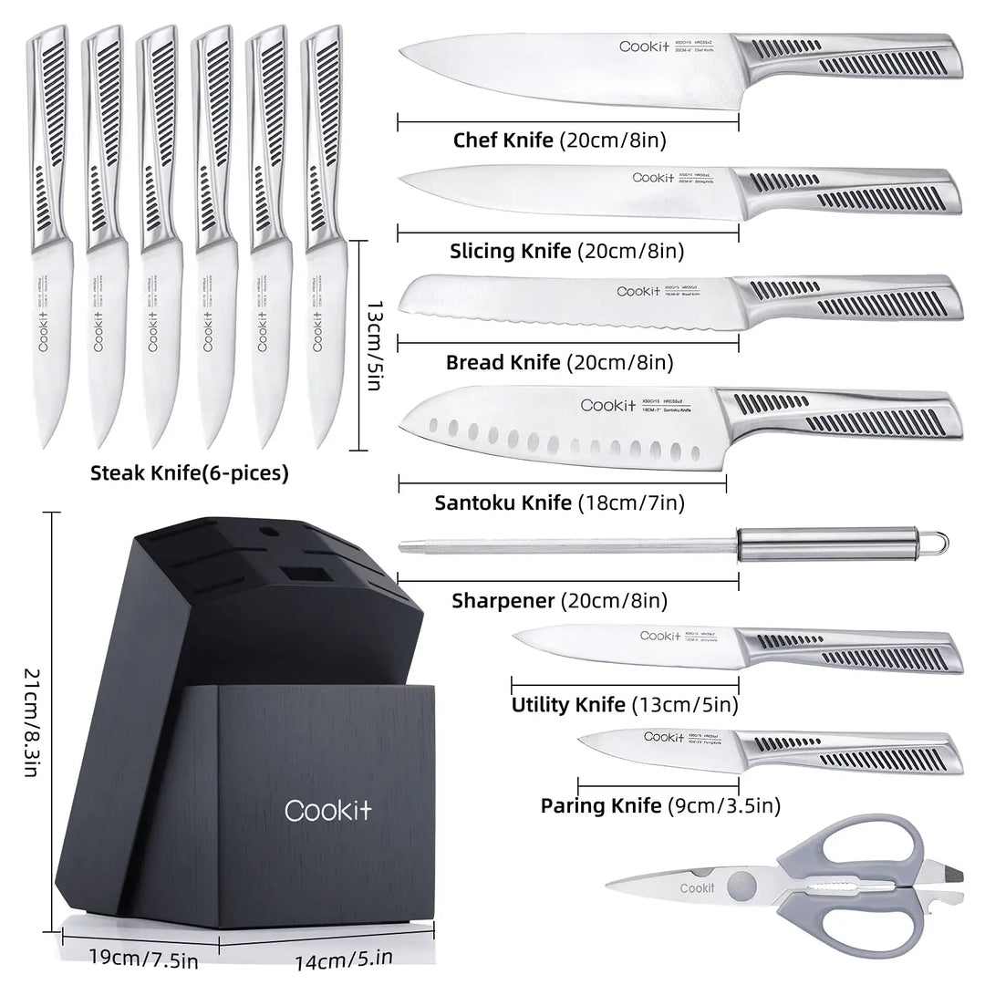 Kitchen Knife Set; 15 Piece Knife Sets with Block; Chef Knives with Crimson Medea