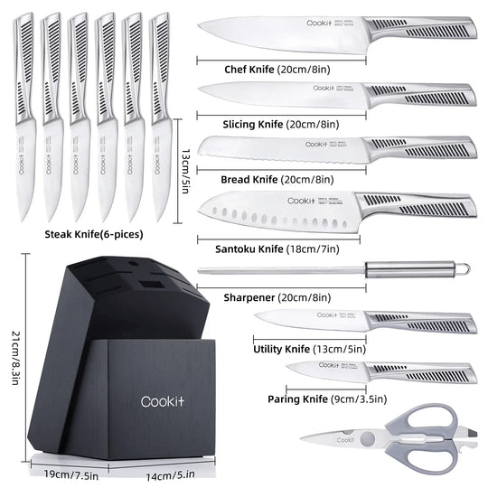 Kitchen Knife Set; 15 Piece Knife Sets with Block; Chef Knives with Crimson Medea