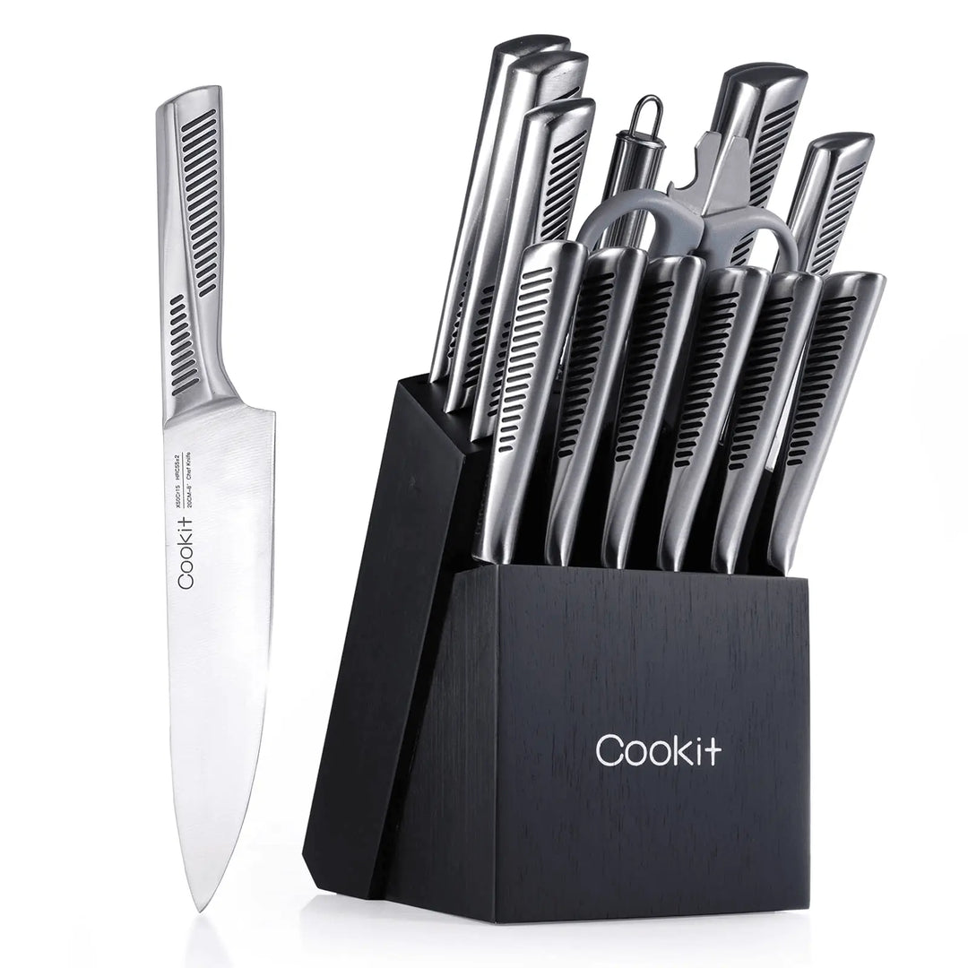 Kitchen Knife Set; 15 Piece Knife Sets with Block; Chef Knives with Crimson Medea