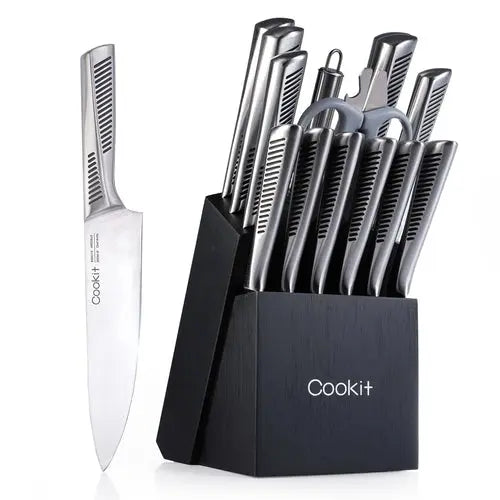 Kitchen Knife Set; 15 Piece Knife Sets with Block; Chef Knives with Crimson Medea