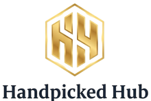 Gold logo with 'HH' and text 'Handpicked Hub' on a white background