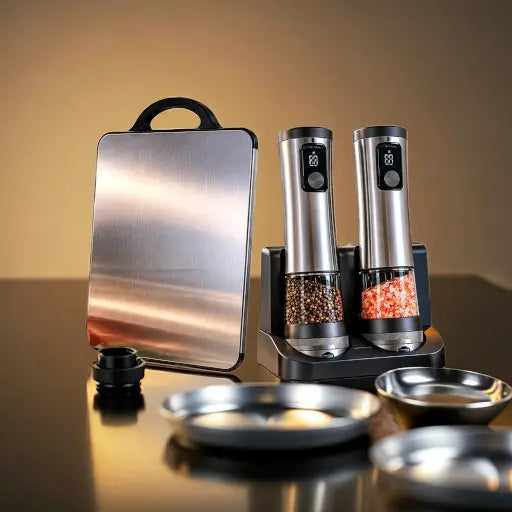 Set of kitchen tools including a metal cutting board, salt and pepper shakers, and small bowls on a reflective surface.