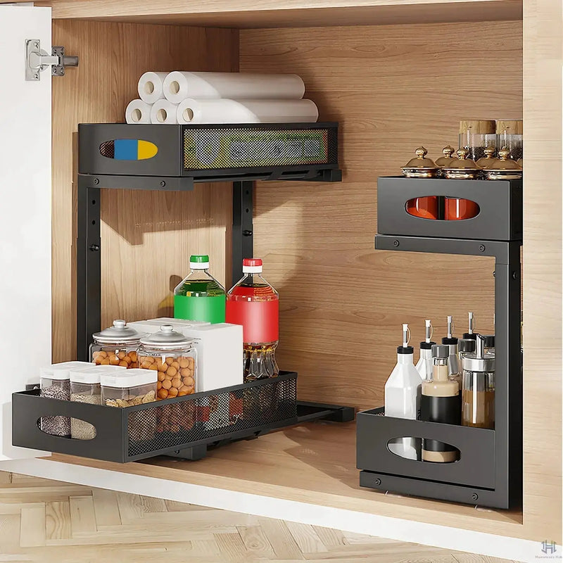 Cabinets with organized shelves containing bottles, containers, and a small kitchen setup.