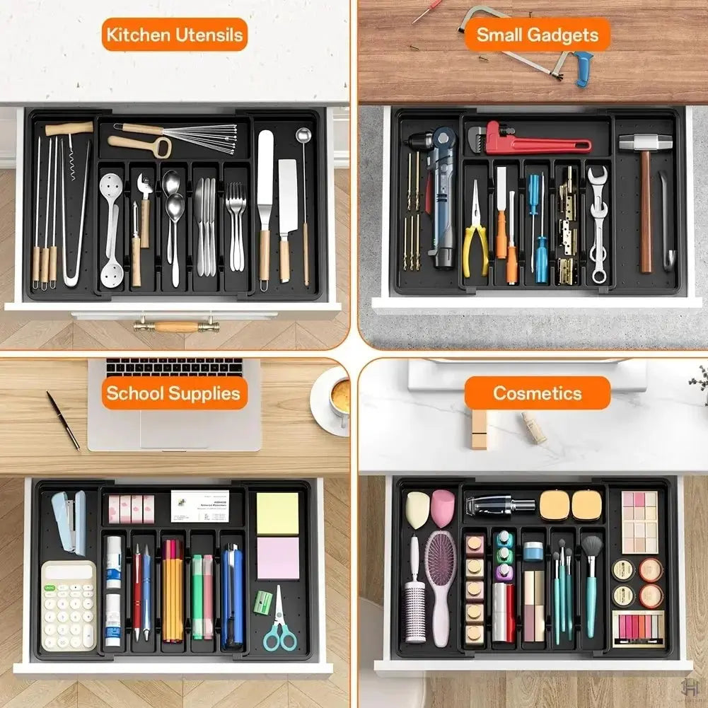 8 Grids Adjustable Kitchen Storage Organizer Tray – Plastic Multifunctional Drawer Organizer for Kitchen Counter Utensils