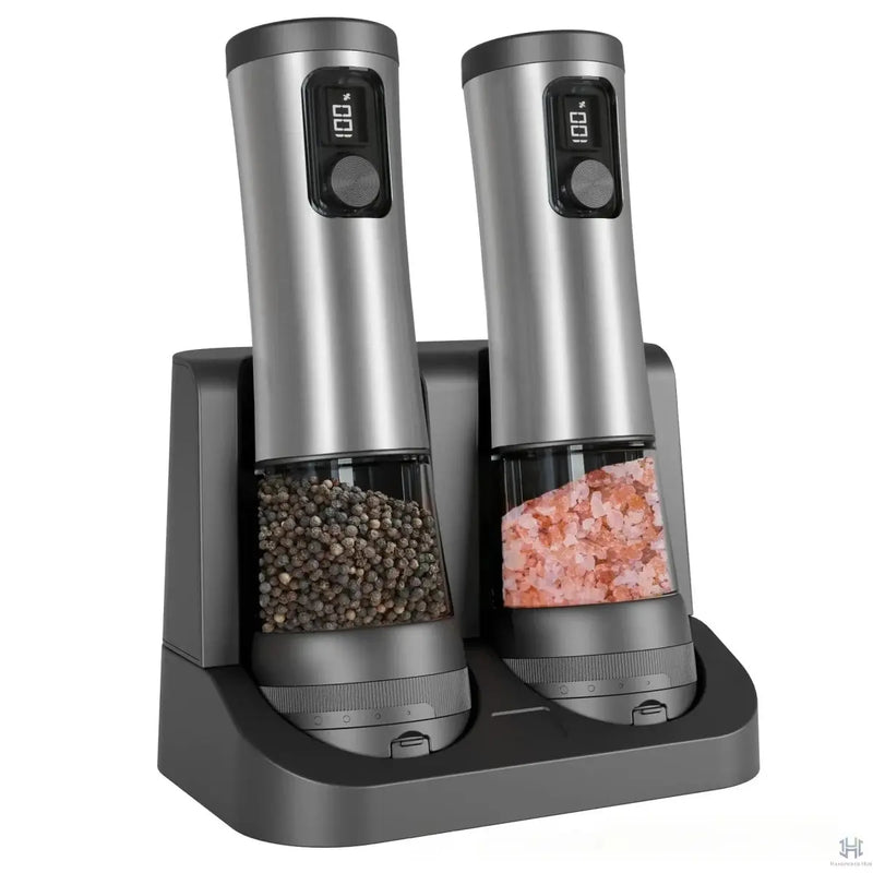 Electric Automatic Pepper Salt Grinder Set with Rechargeable Base LED Electricity Indicator Adjustable Coarseness for Kitchen