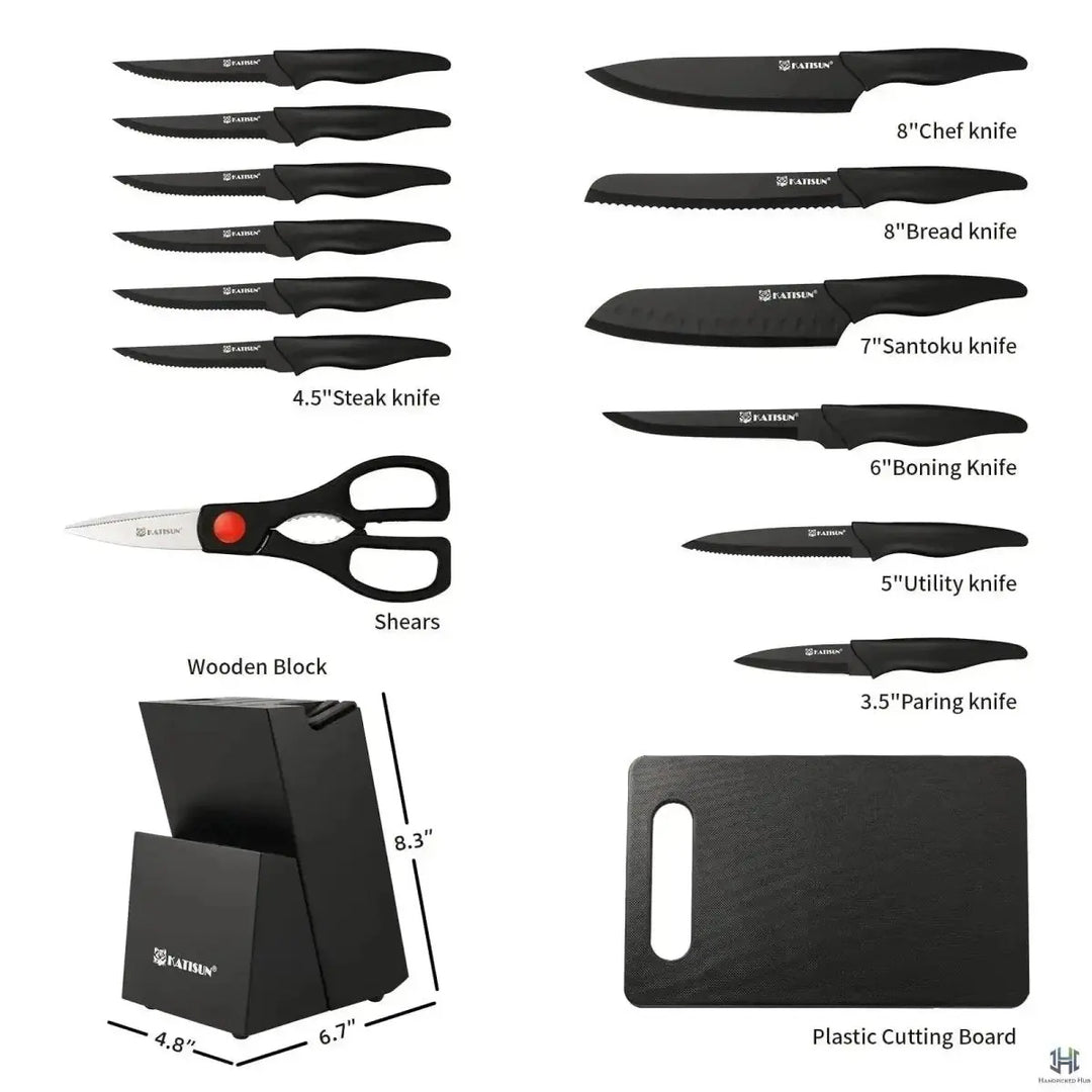 16 Pieces Kitchen Knife Block Set with Cutting Board, German Stainless Steel Knife Set with Sharpener, Dishwasher Safe, Anti-Slip Handle, 6 Steak Knives, Black