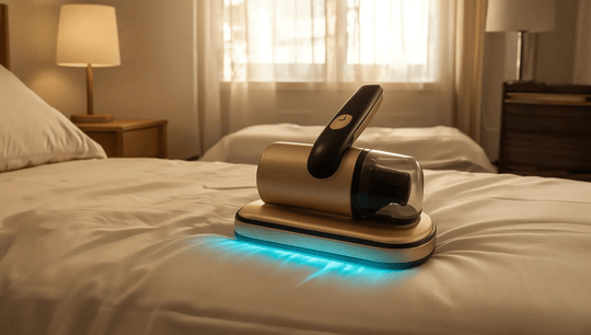 Portable device with glowing base on a bed in a bedroom setting