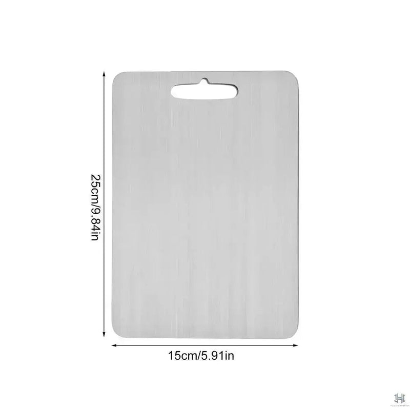 Handpicked Hub stainless steel prep and carving board with hanging hole. Lightweight, thin, and durable.